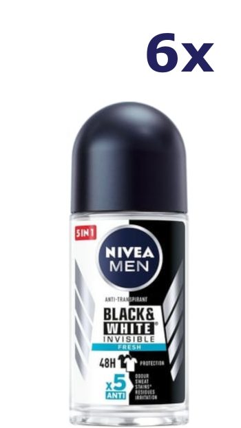 6x Nivea Deo Roll-on Men - Invisible Black & White fresh 50ml