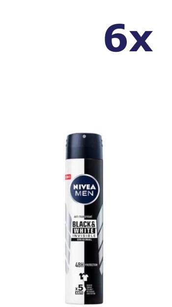 6x Nivea Deospray Men XXL - Invisible Black & White Original Anti Transpirant 200 ml
