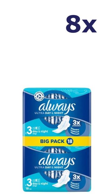 8x Always Ultra Sanitary maandverband Day & Night met vleugels 18s