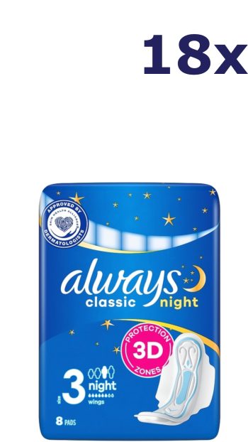 18x Always maandverband Classic 8st nacht met vleugeltjes maat 3