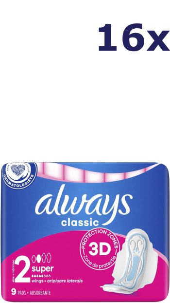 16x Always maandverband Classic 9st Maxi met vleugeltjes maat 2